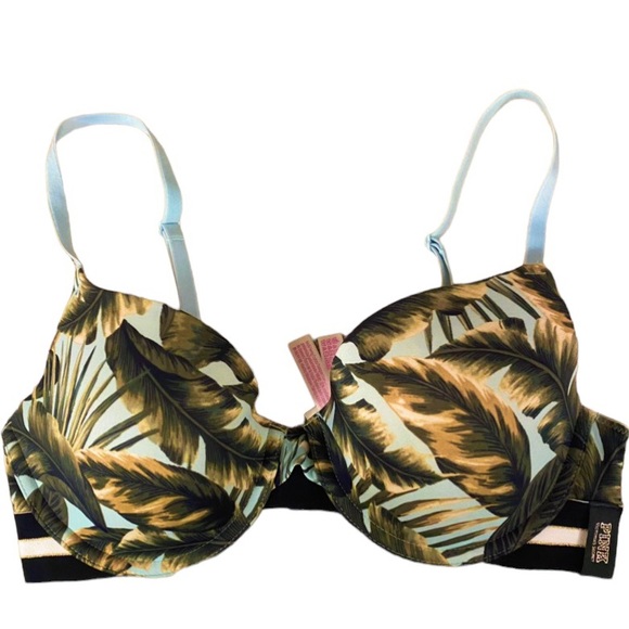 PINK VICTORIAS SECRET I Bra T-Shirt Lightly Lined Palm Tree Stripes 34C - Picture 6 of 15